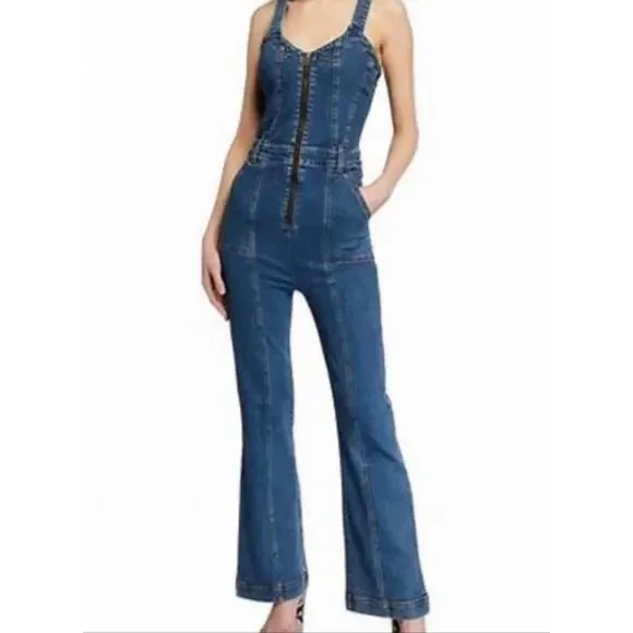 VERONICA BEARD Fayre Jumpsuit Denim Flare Leg Front Zip V Neck Blue NWT